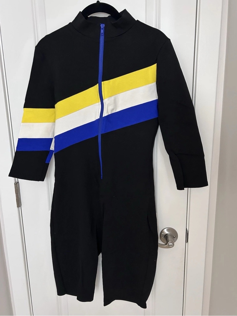 Fashion Nova Black Jumpsuit with Yellow, White & Blue Stripes